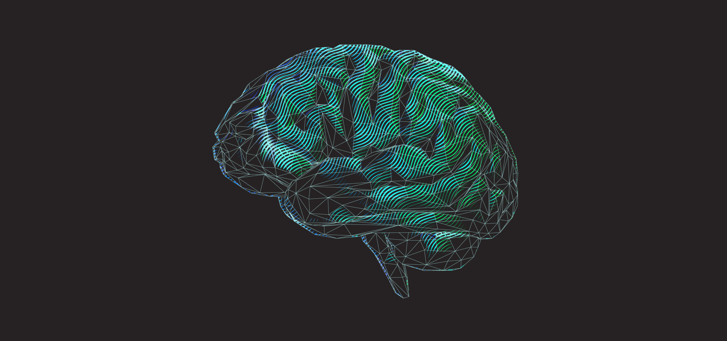 Stylized low poly human brain illustration with colorful green curl line art isolated on black color banner background