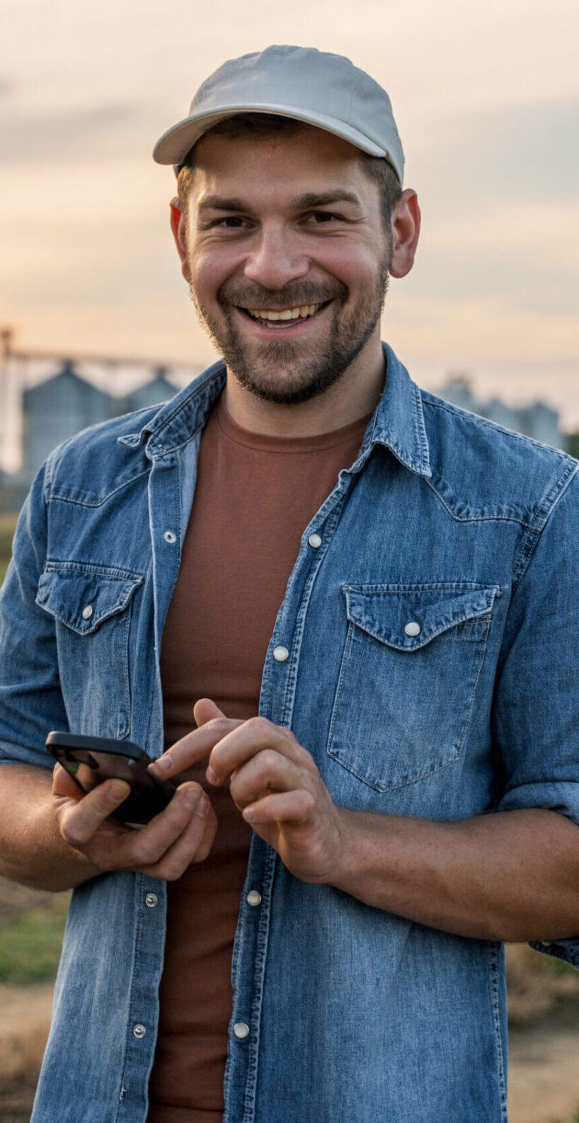 Smiling male farmer text messaging on smart phone while standing in agricultural field against sky